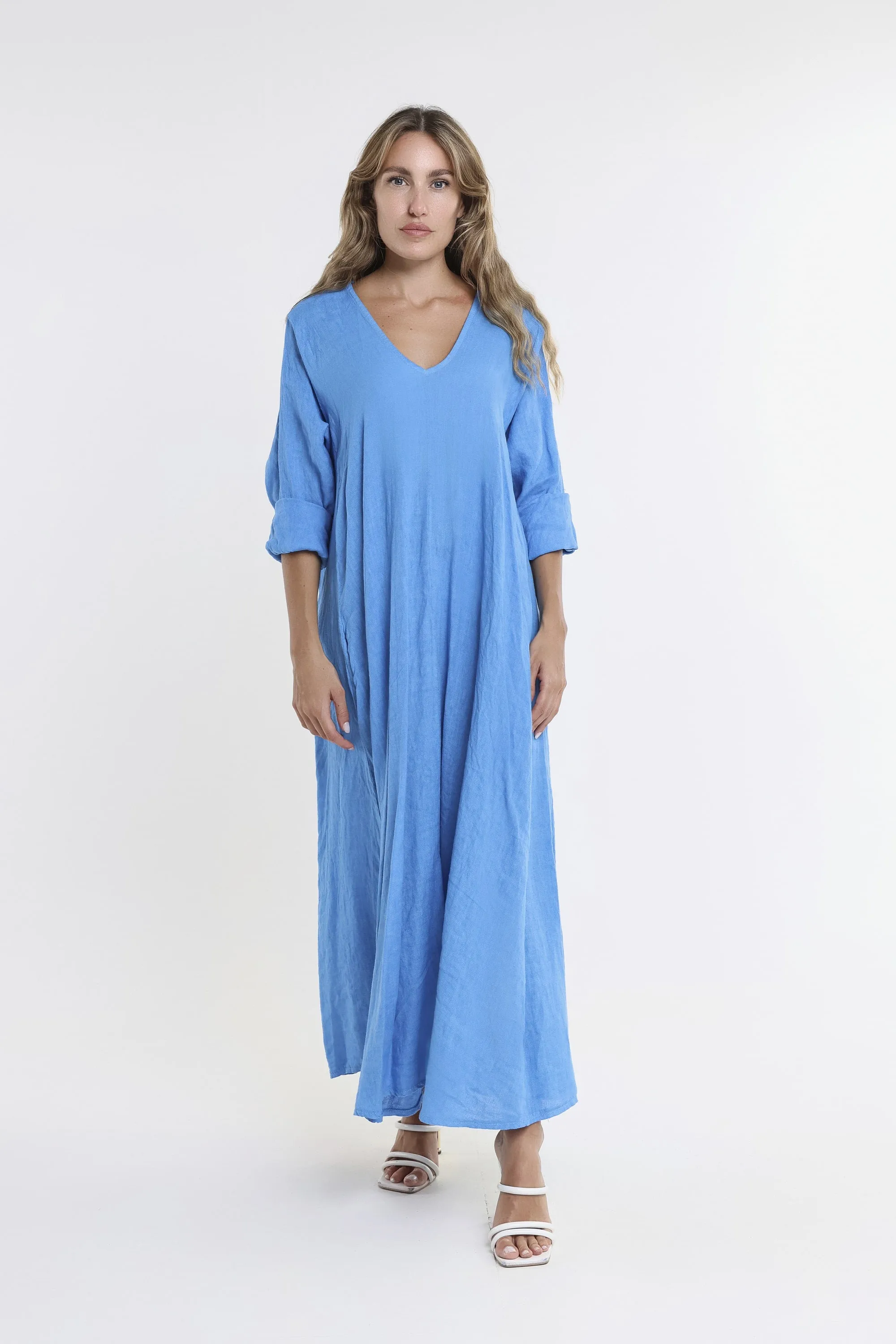 Jo 3/4 Sleeve V-Neck Long Linen Dress (DQ130)