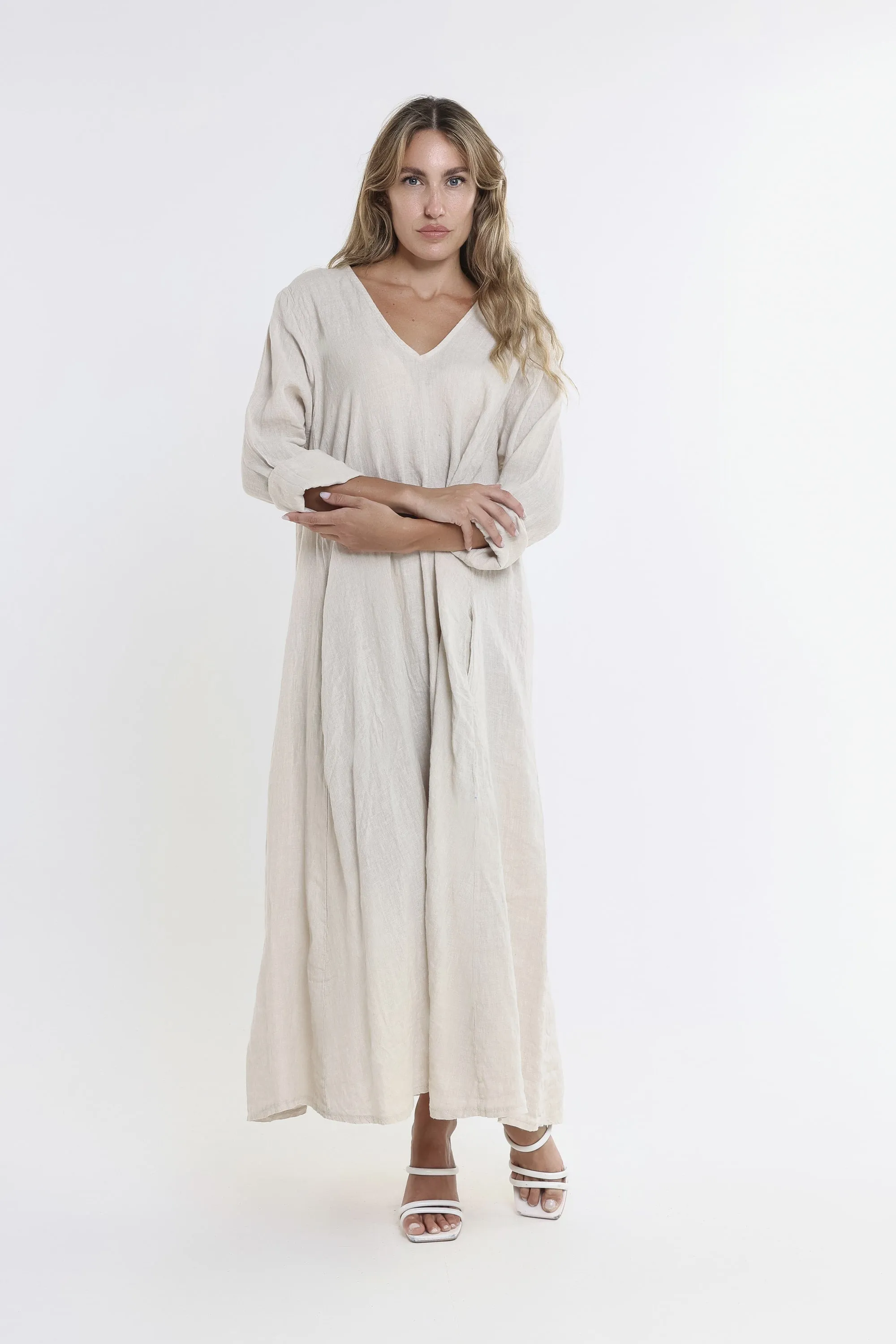 Jo 3/4 Sleeve V-Neck Long Linen Dress (DQ130)