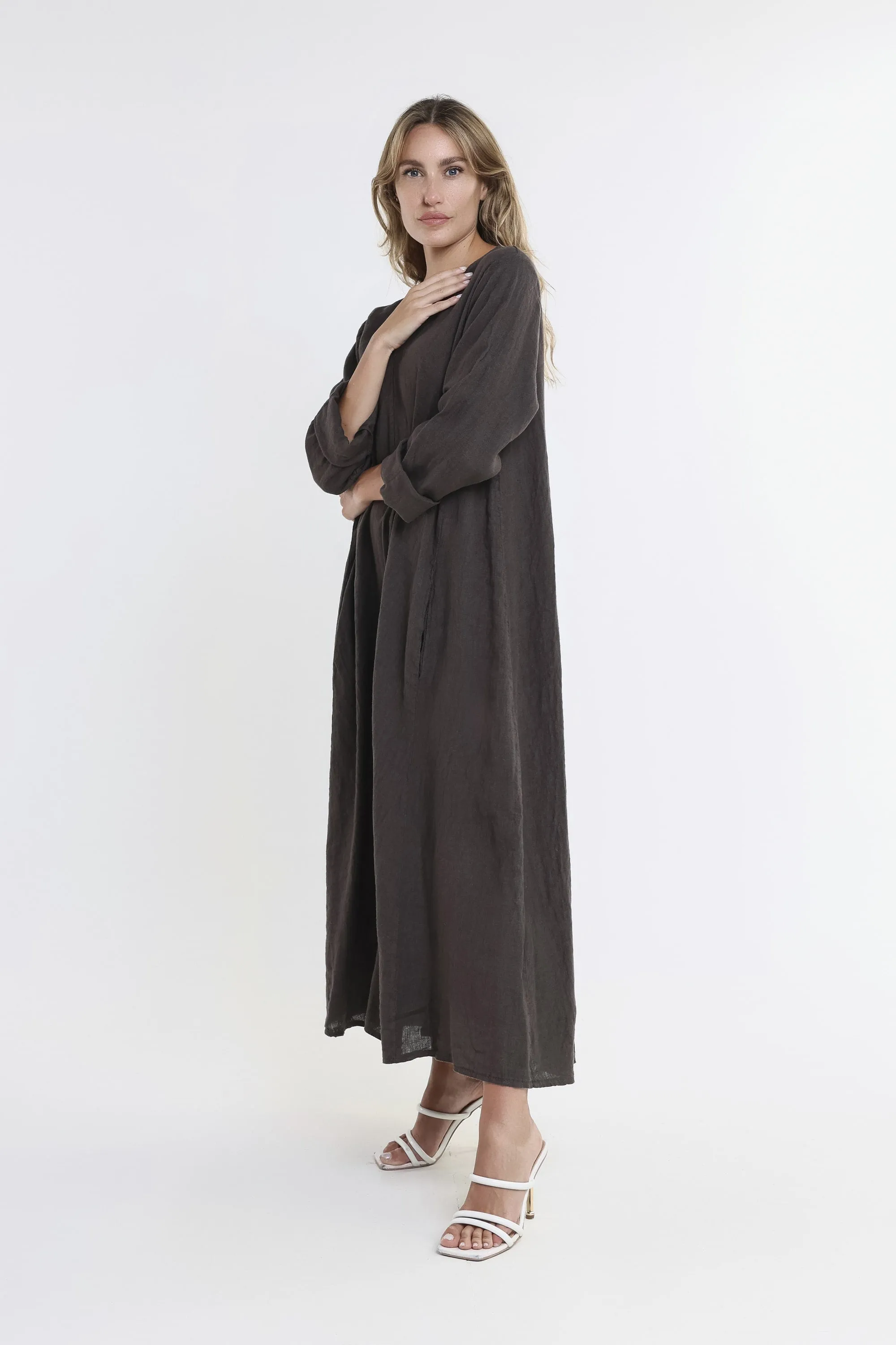 Jo 3/4 Sleeve V-Neck Long Linen Dress (DQ130)