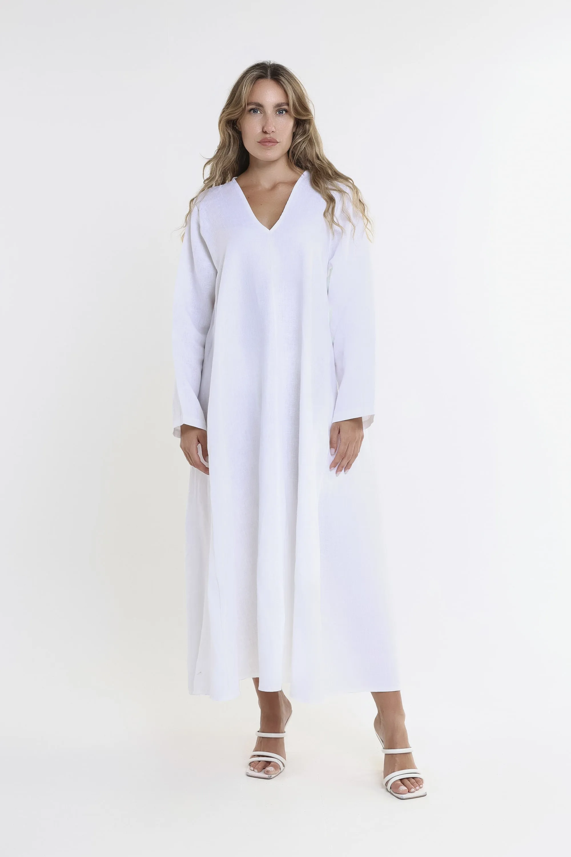 Jo 3/4 Sleeve V-Neck Long Linen Dress (DQ130)