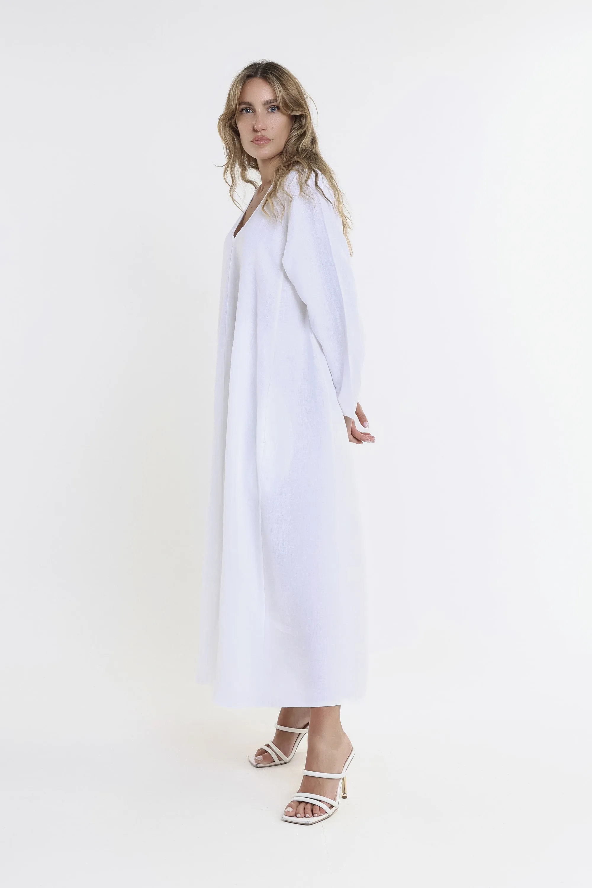 Jo 3/4 Sleeve V-Neck Long Linen Dress (DQ130)