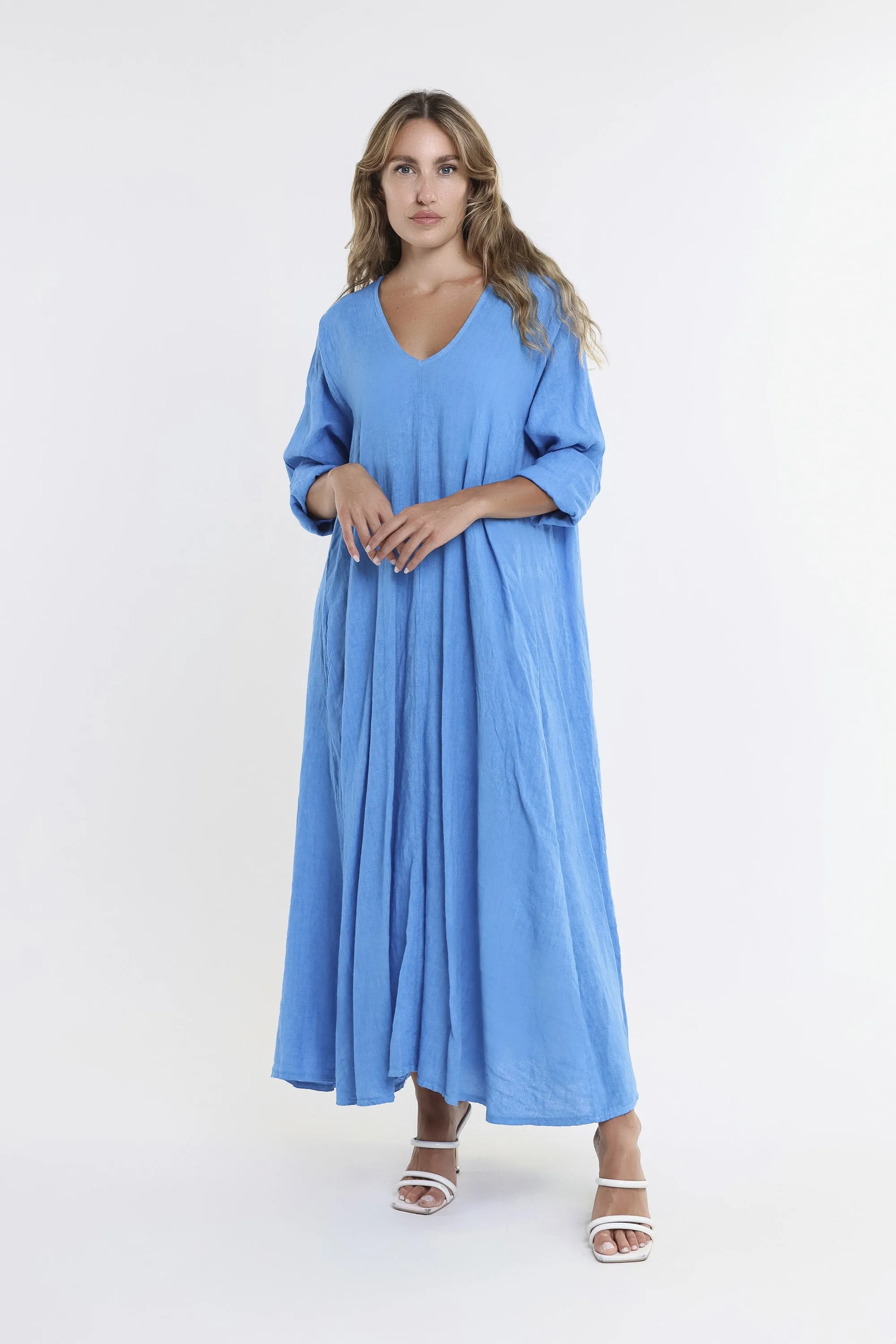 Jo 3/4 Sleeve V-Neck Long Linen Dress (DQ130)
