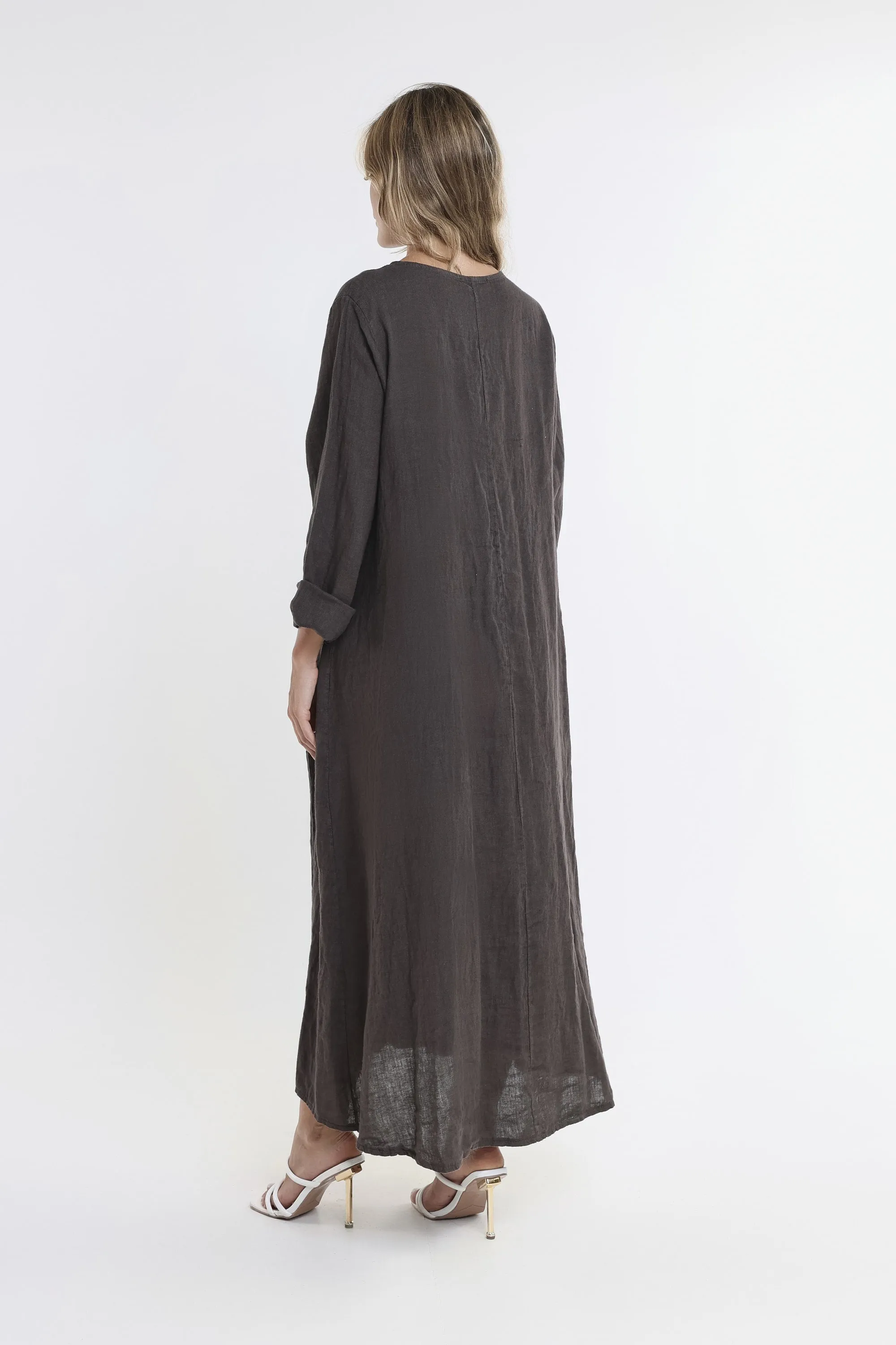 Jo 3/4 Sleeve V-Neck Long Linen Dress (DQ130)