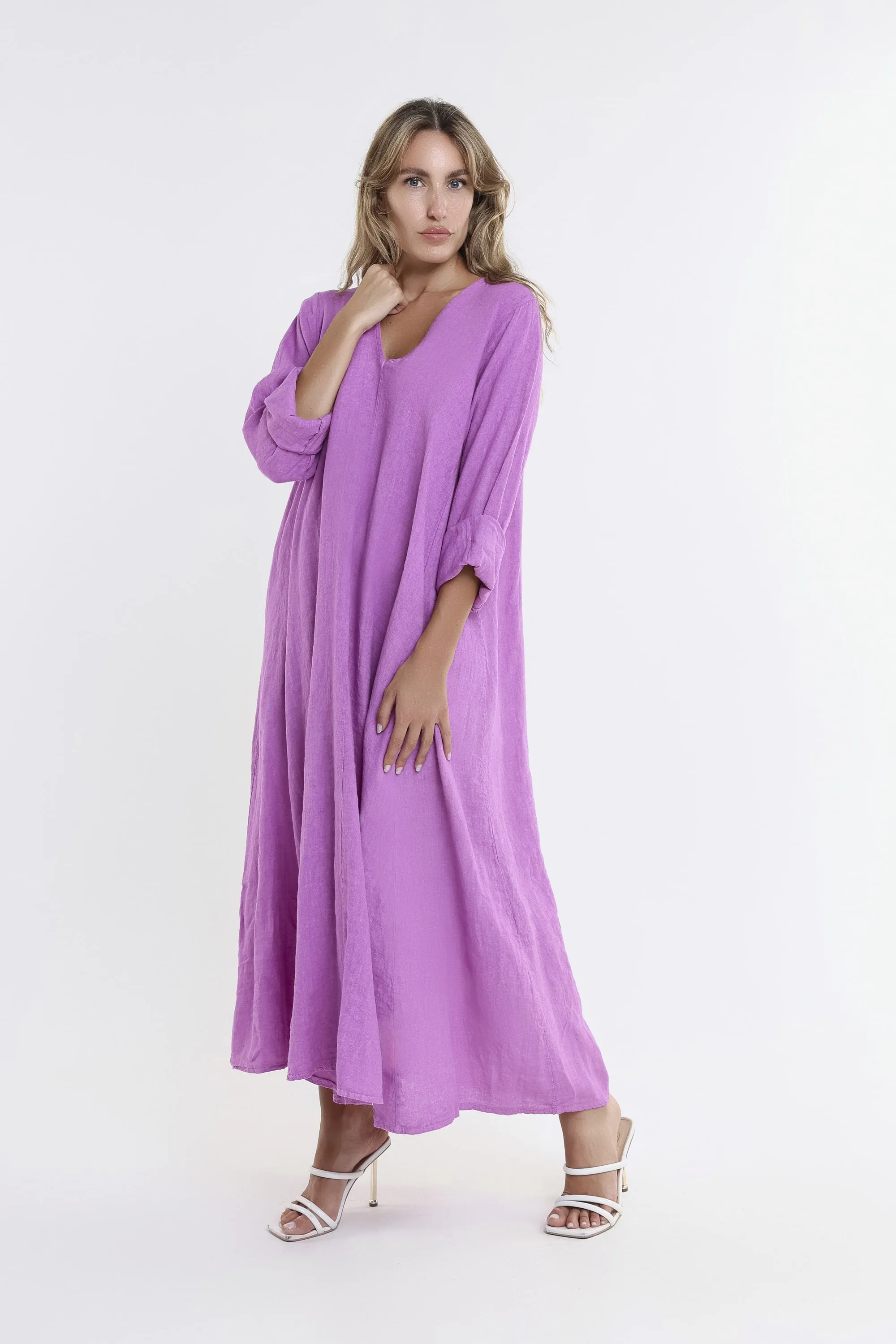 Jo 3/4 Sleeve V-Neck Long Linen Dress (DQ130)