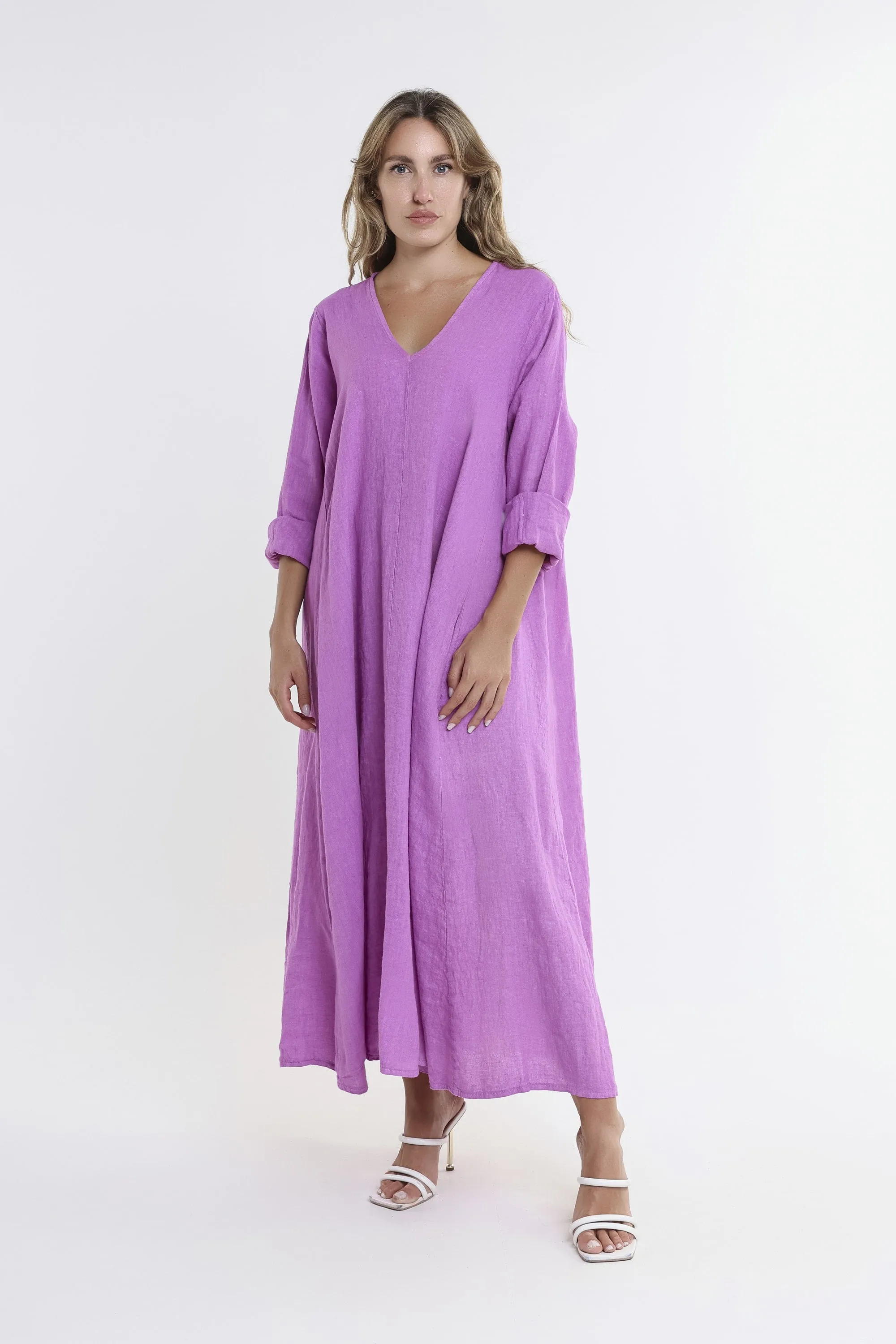 Jo 3/4 Sleeve V-Neck Long Linen Dress (DQ130)