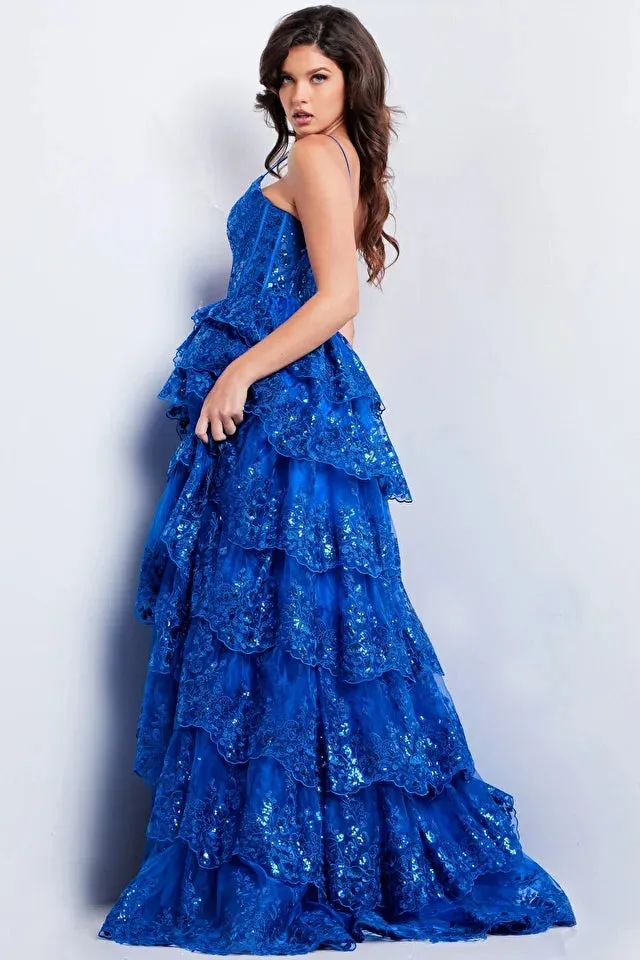 Jovani 38144 Long Prom Dress Lace Sequin Corset Layered Skirt High Slit Tulle Formal Pageant Gown