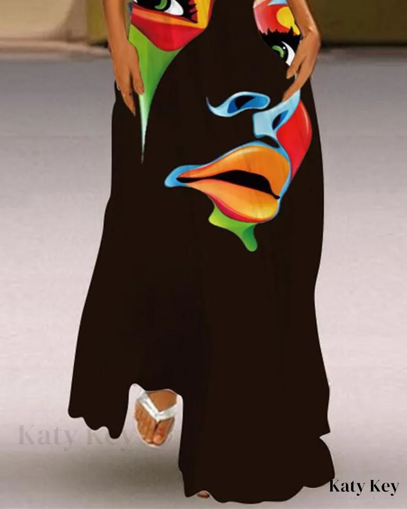KatyKey - Artistic Abstract Print Sleeveless Maxi Dress