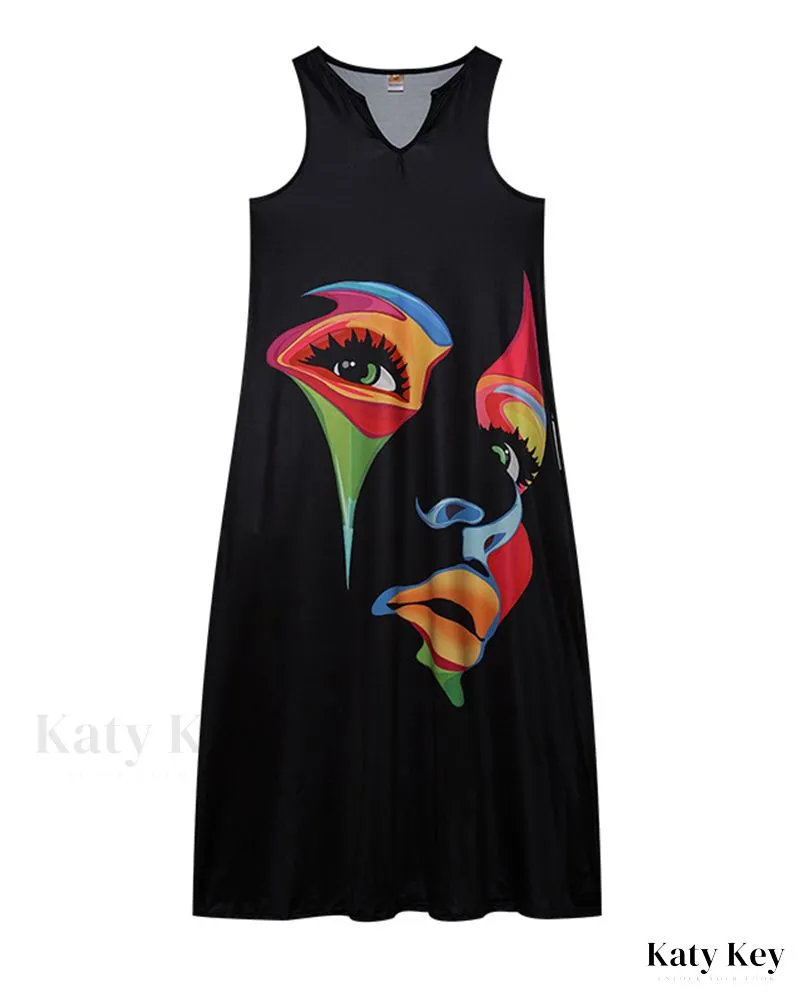 KatyKey - Artistic Abstract Print Sleeveless Maxi Dress
