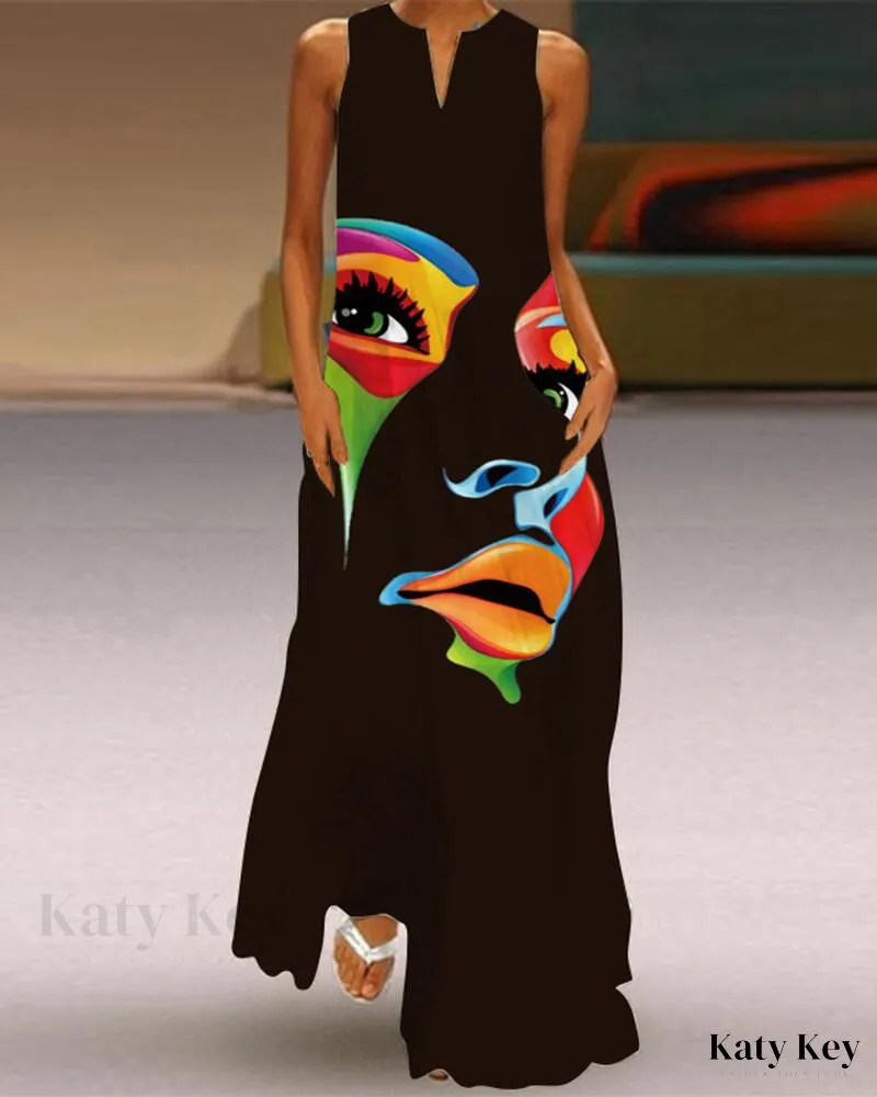 KatyKey - Artistic Abstract Print Sleeveless Maxi Dress