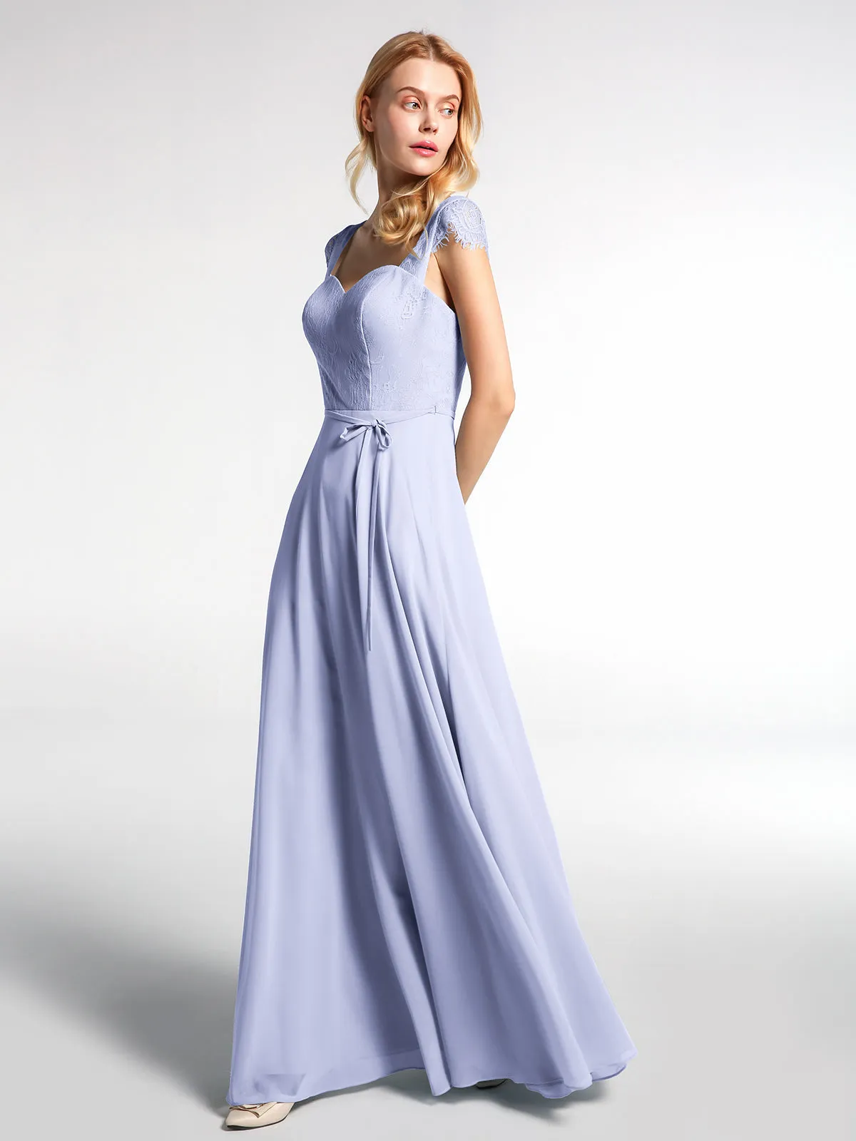 Lace Bodice Chiffon Skirt Dress with Cap Sleeves-Lavender Plus Size
