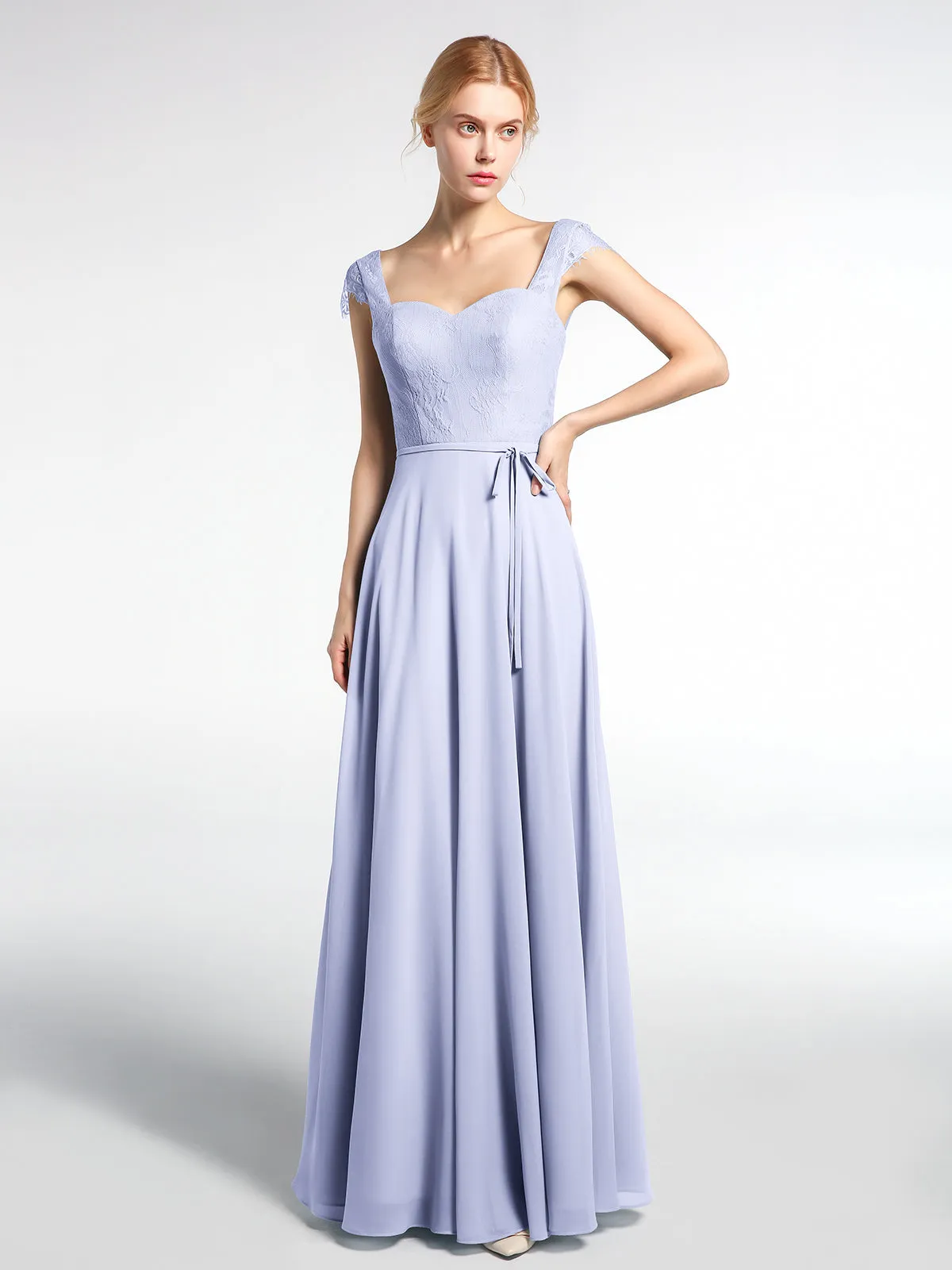 Lace Bodice Chiffon Skirt Dress with Cap Sleeves-Lavender Plus Size