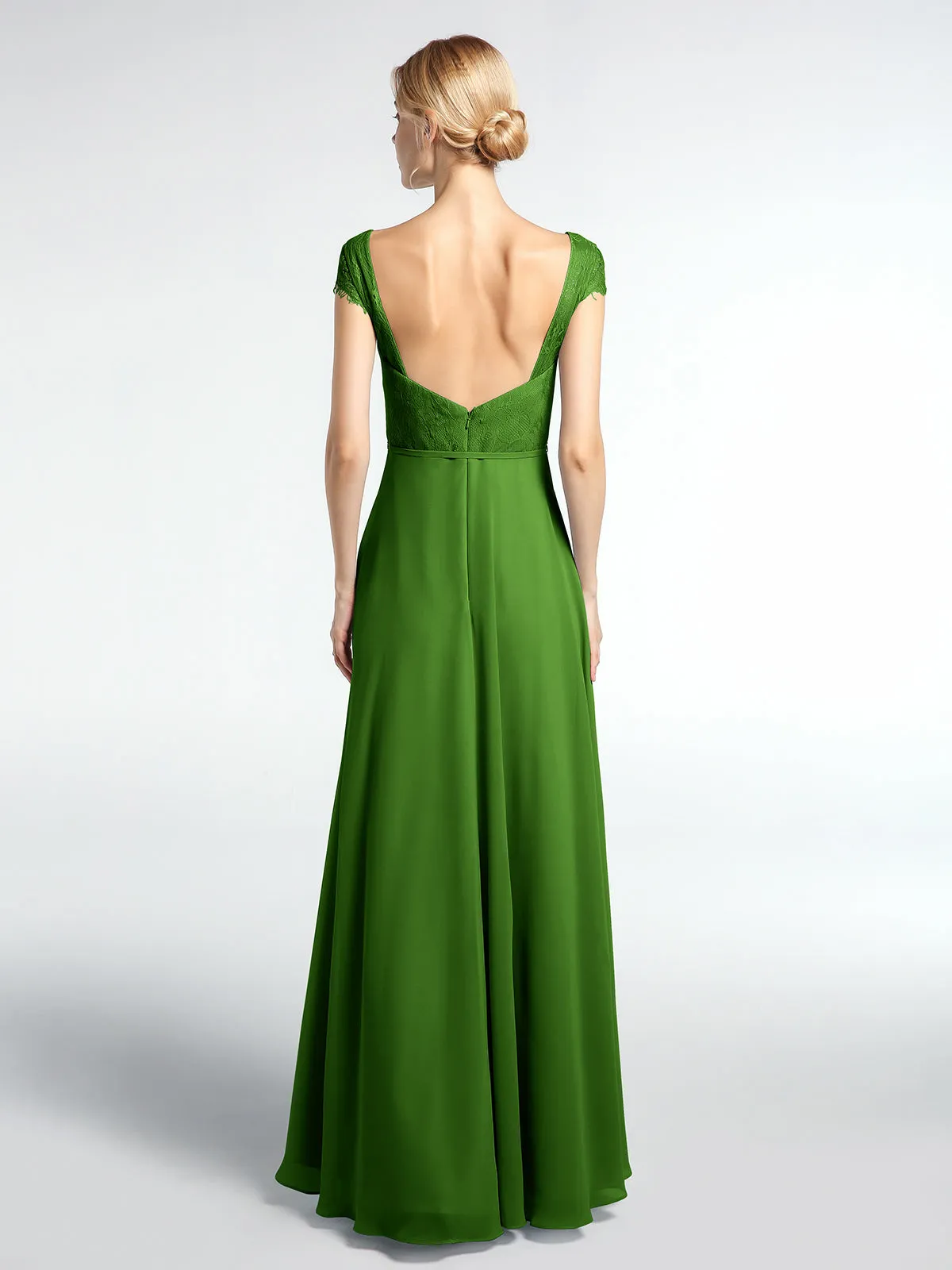 Lace Bodice Chiffon Skirt Dress with Cap Sleeves-Moss