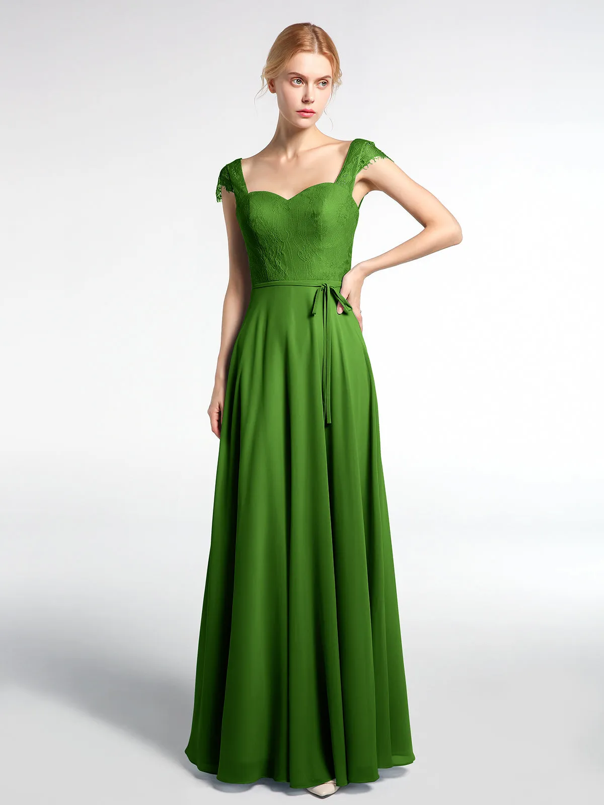 Lace Bodice Chiffon Skirt Dress with Cap Sleeves-Moss