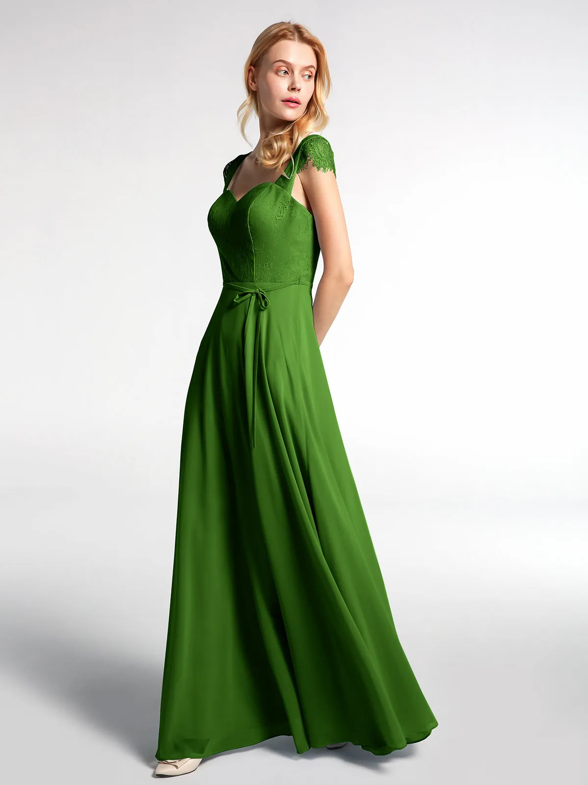 Lace Bodice Chiffon Skirt Dress with Cap Sleeves-Moss