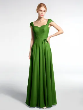 Lace Bodice Chiffon Skirt Dress with Cap Sleeves-Moss