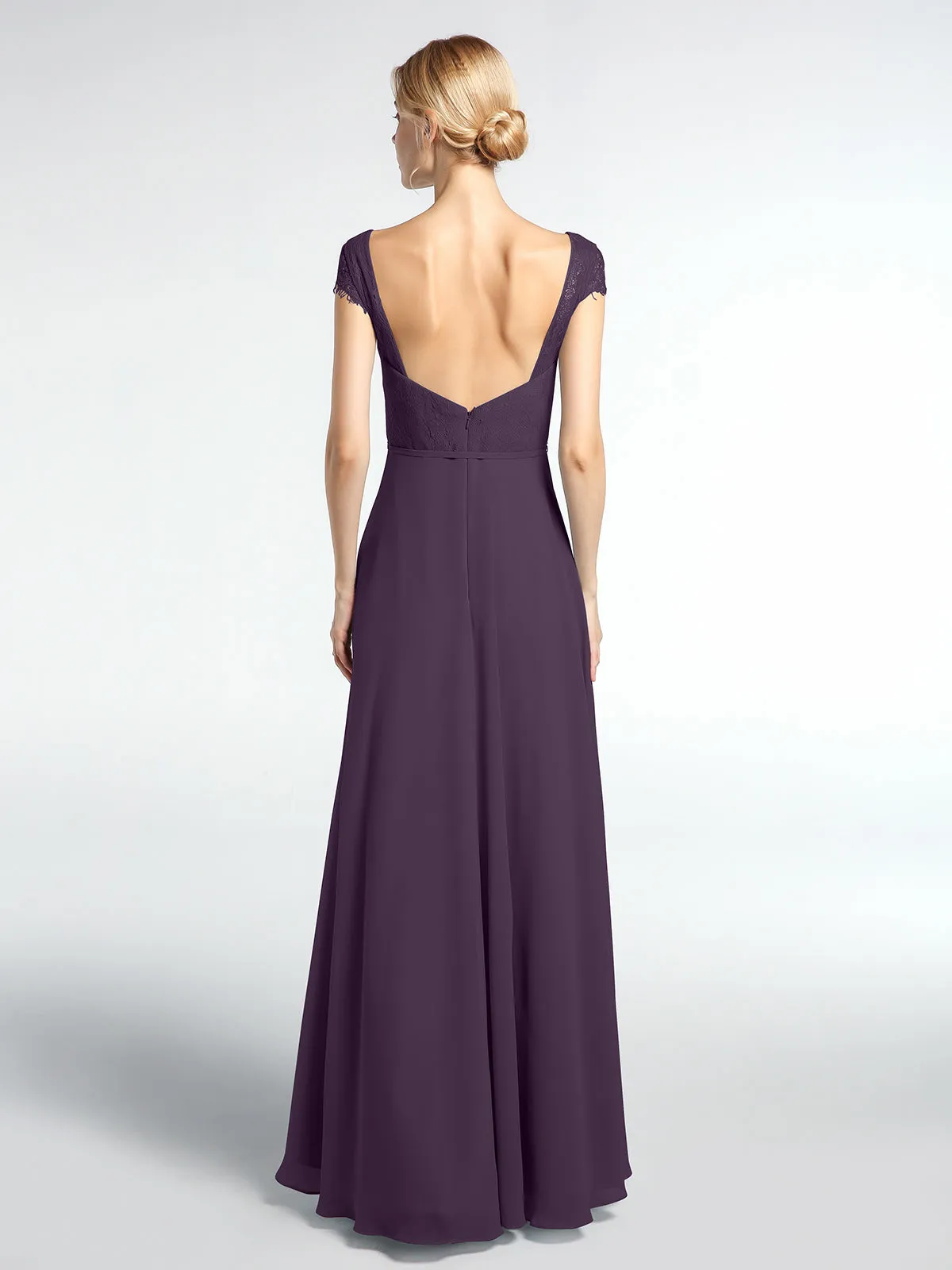 Lace Bodice Chiffon Skirt Dress with Cap Sleeves-Plum