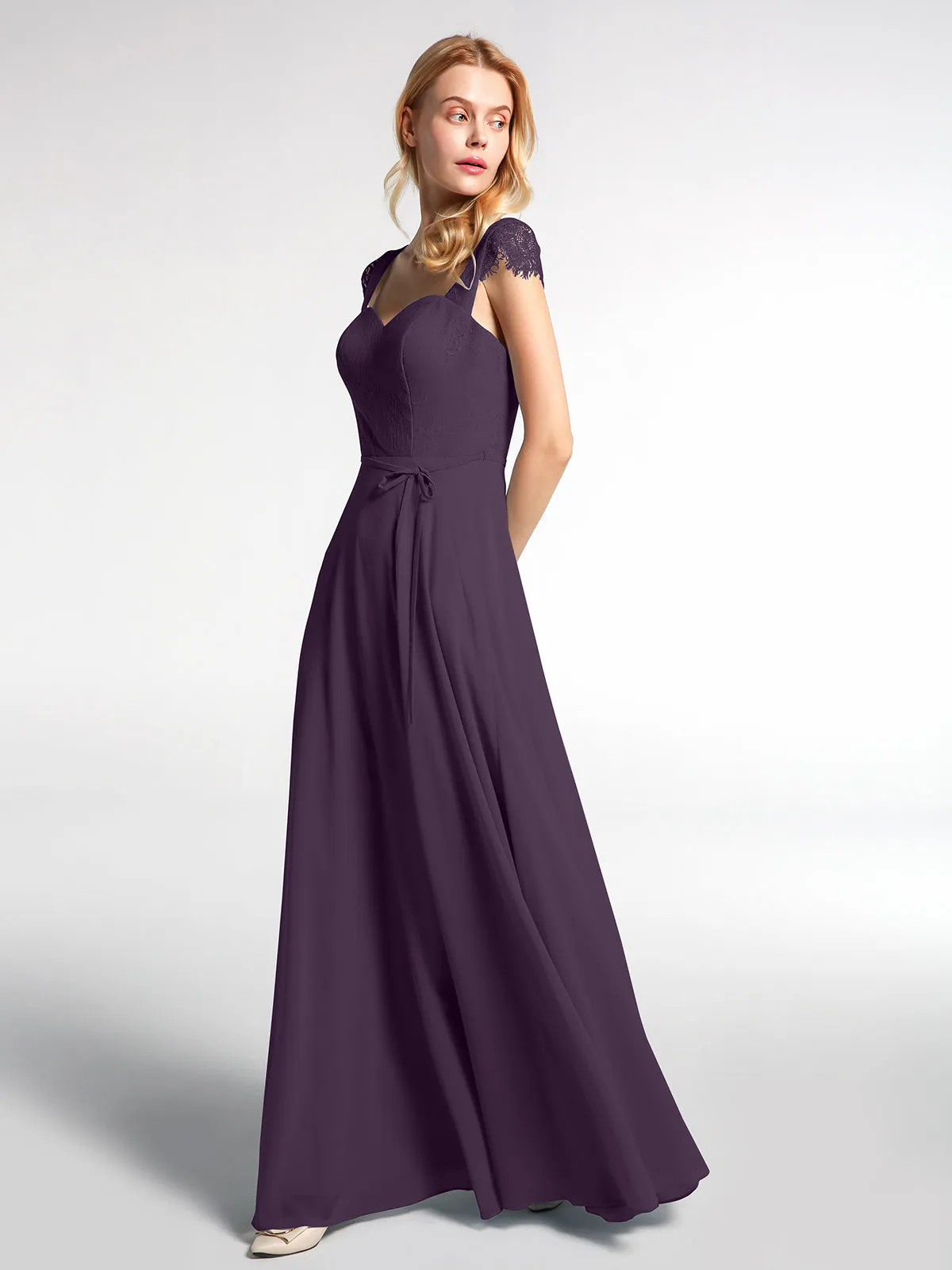 Lace Bodice Chiffon Skirt Dress with Cap Sleeves-Plum