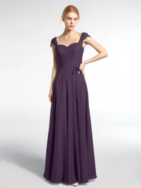 Lace Bodice Chiffon Skirt Dress with Cap Sleeves-Plum