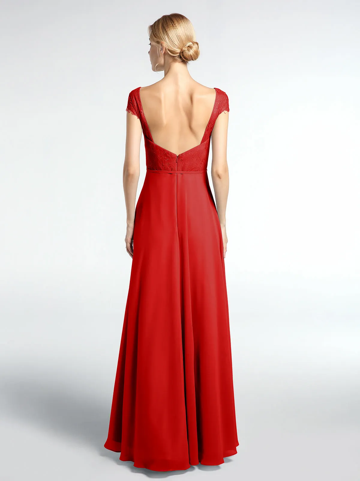 Lace Bodice Chiffon Skirt Dress with Cap Sleeves-Red Plus Size