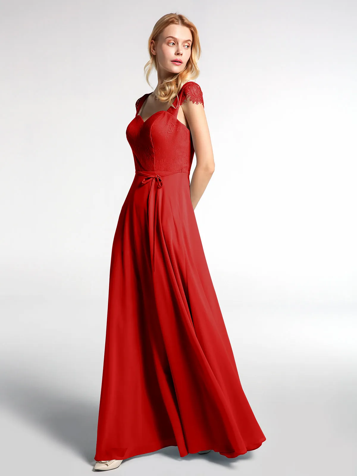 Lace Bodice Chiffon Skirt Dress with Cap Sleeves-Red Plus Size