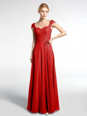 Lace Bodice Chiffon Skirt Dress with Cap Sleeves-Red Plus Size