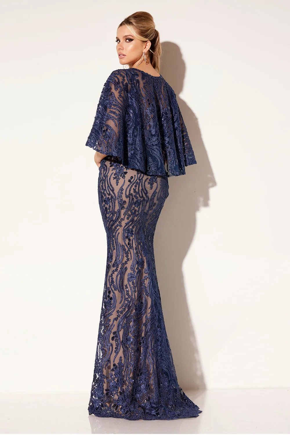 Lace Fitted 2-Piece Cape Gown by Lucci Lu C8086