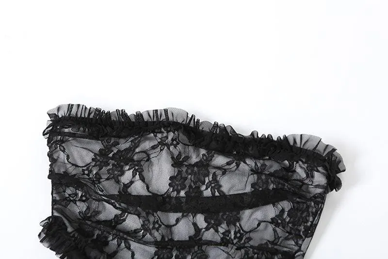 Lace ruffle solid slit hollow out backless tube cut out midi dress