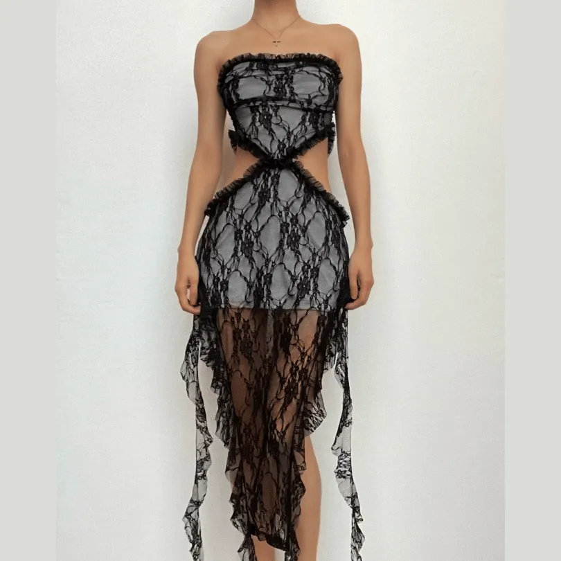Lace ruffle solid slit hollow out backless tube cut out midi dress