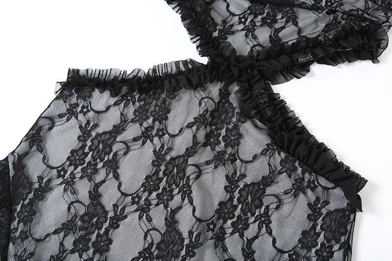 Lace ruffle solid slit hollow out backless tube cut out midi dress