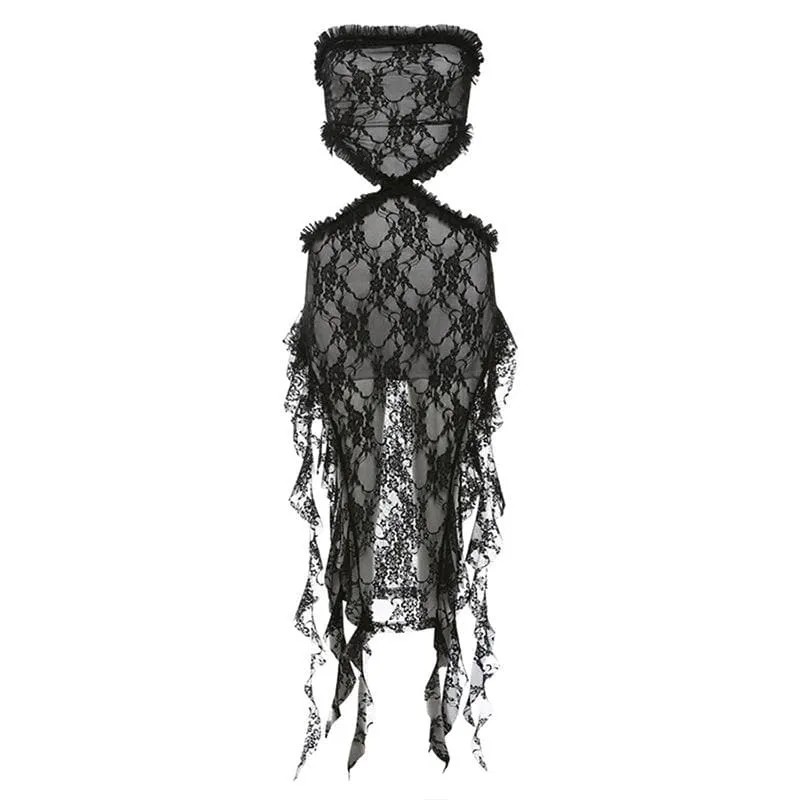 Lace ruffle solid slit hollow out backless tube cut out midi dress
