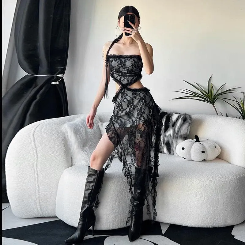 Lace ruffle solid slit hollow out backless tube cut out midi dress