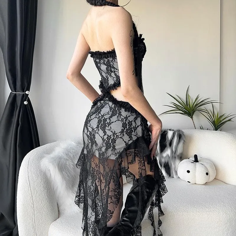 Lace ruffle solid slit hollow out backless tube cut out midi dress