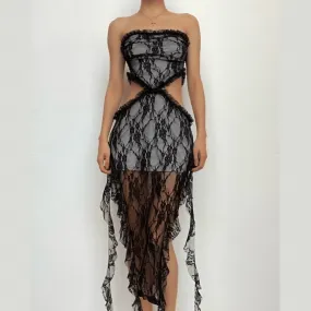 Lace ruffle solid slit hollow out backless tube cut out midi dress