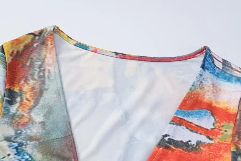 Lace up contrast flared sleeve self tie tie dye mini dress