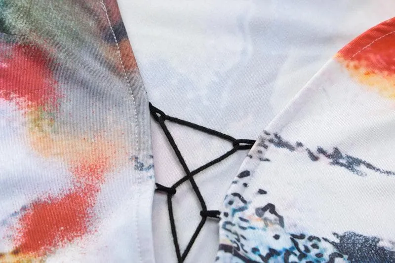 Lace up contrast flared sleeve self tie tie dye mini dress