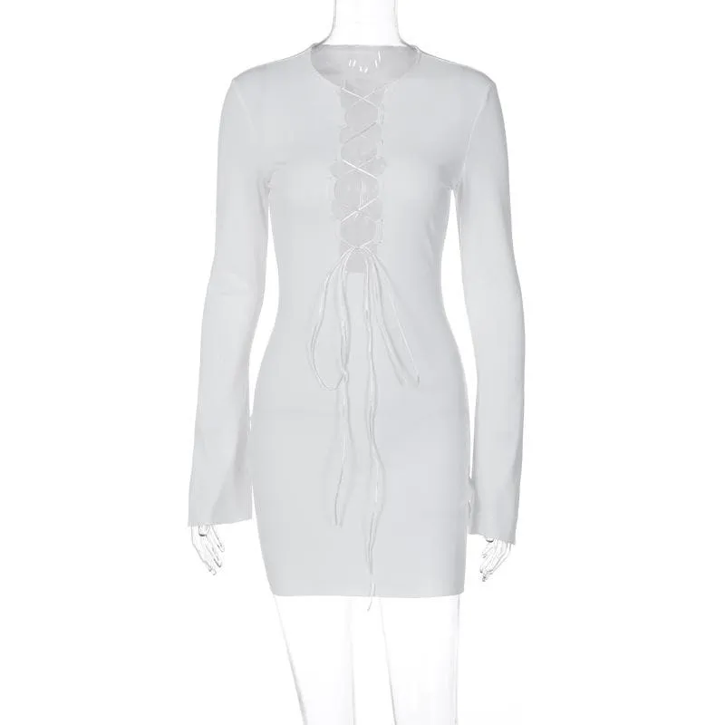 Lace up solid long sleeve ribbed self tie mini dress