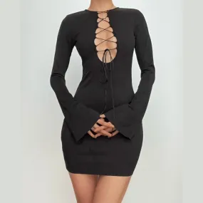 Lace up solid long sleeve ribbed self tie mini dress