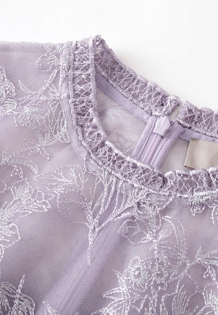 Lilac Ruffle-collar Embroidered Mesh Lace Dress