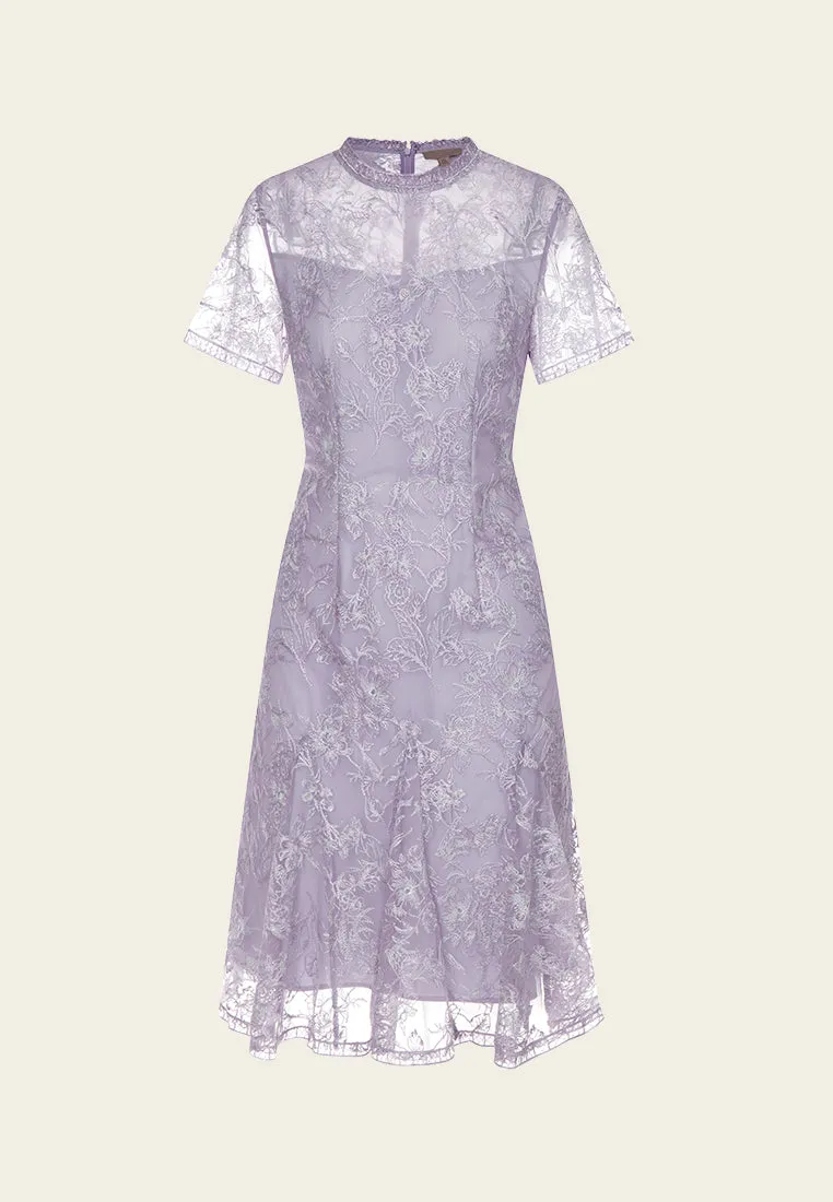 Lilac Ruffle-collar Embroidered Mesh Lace Dress