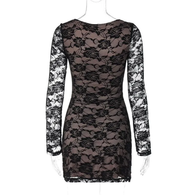 Long sleeve v neck lace contrast patchwork mini dress