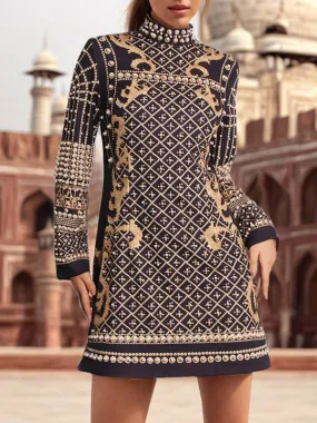 Long Sleeves Beaded High Neck Mini Dresses