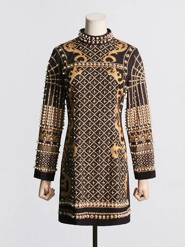 Long Sleeves Beaded High Neck Mini Dresses