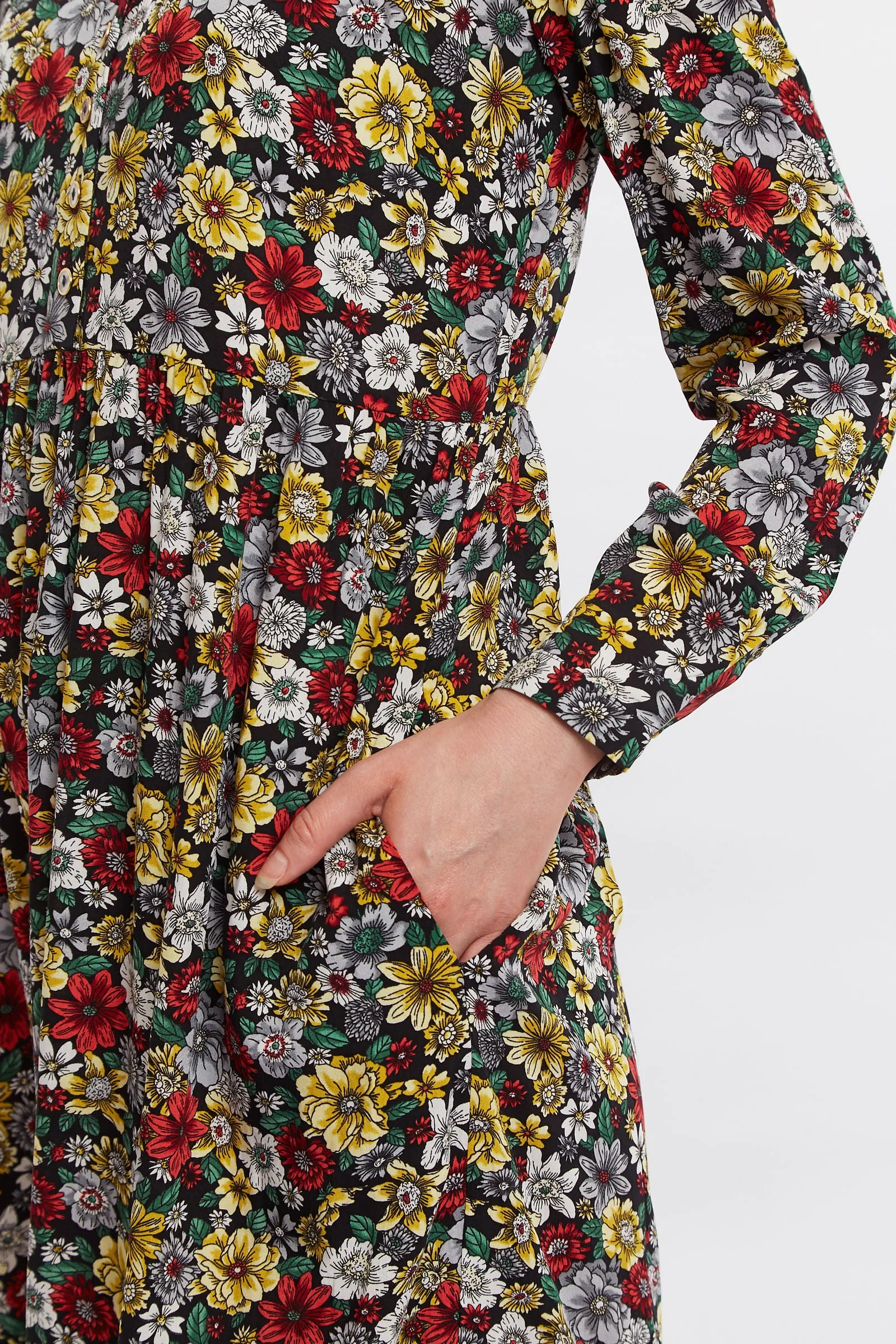 Louche Clio Woodland Walk Print V Neck Long Sleeve Tie Midi Dress