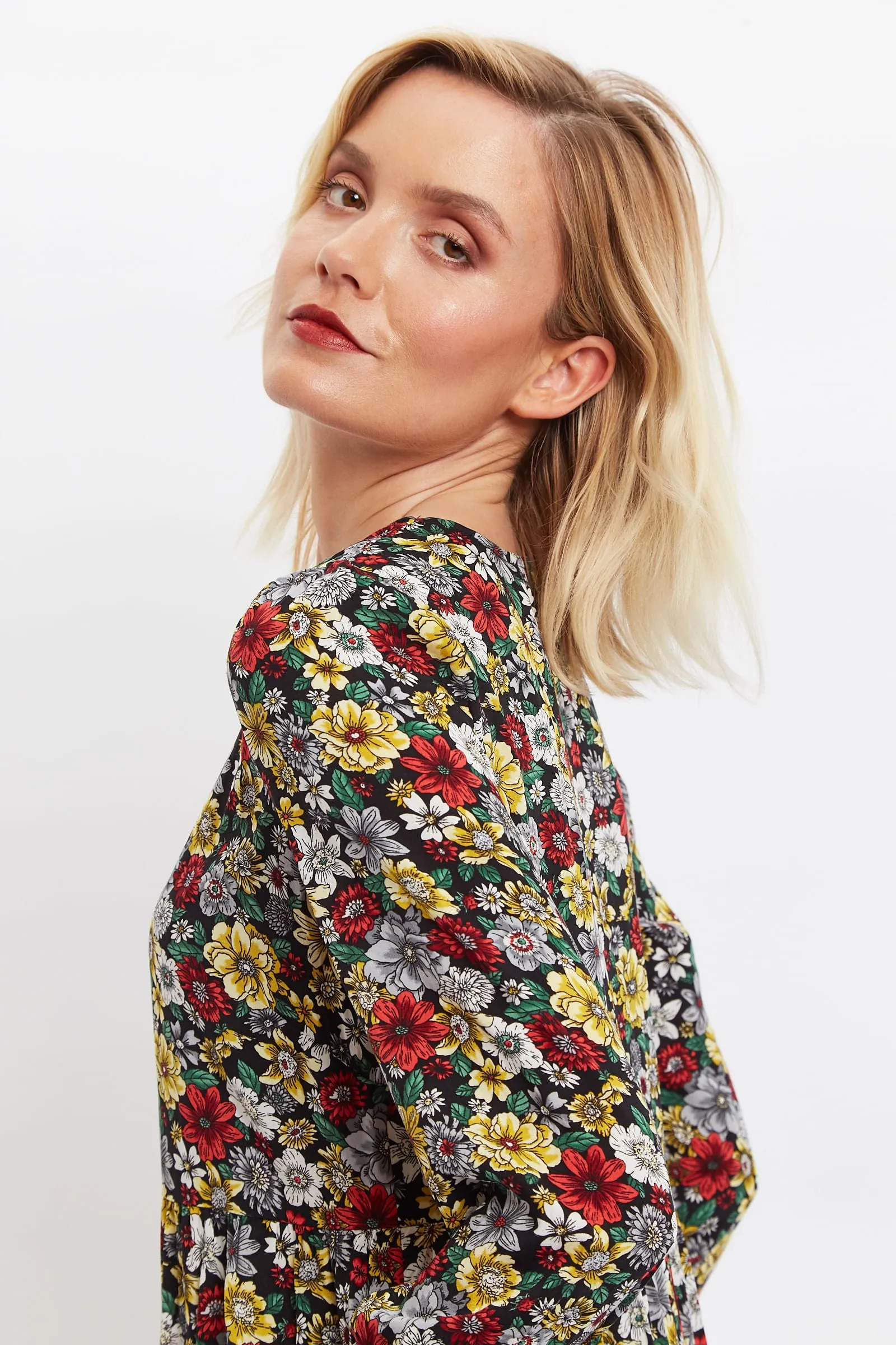 Louche Clio Woodland Walk Print V Neck Long Sleeve Tie Midi Dress