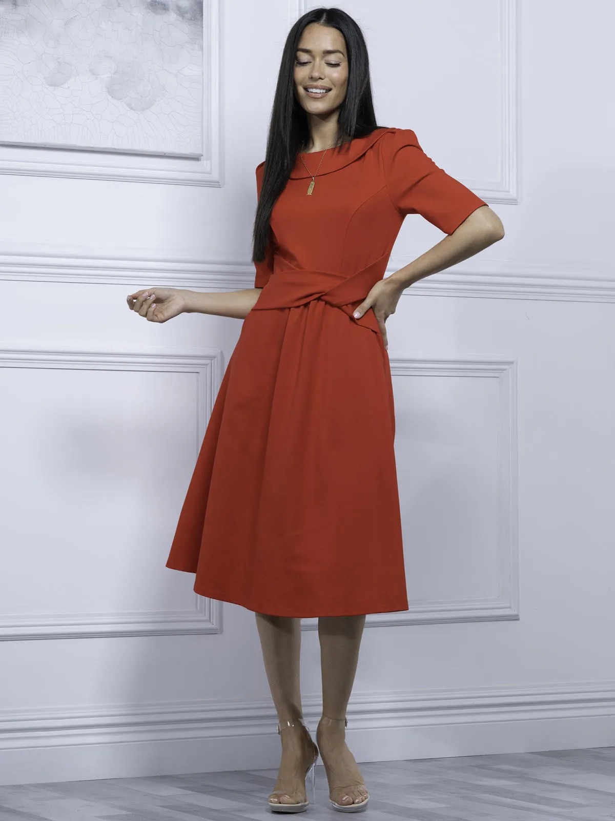 Maayan Fold Neck Dress, Red