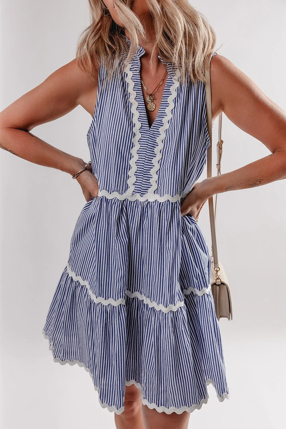 Macie Sleeveless Notched V Neck Ric Rac Dress