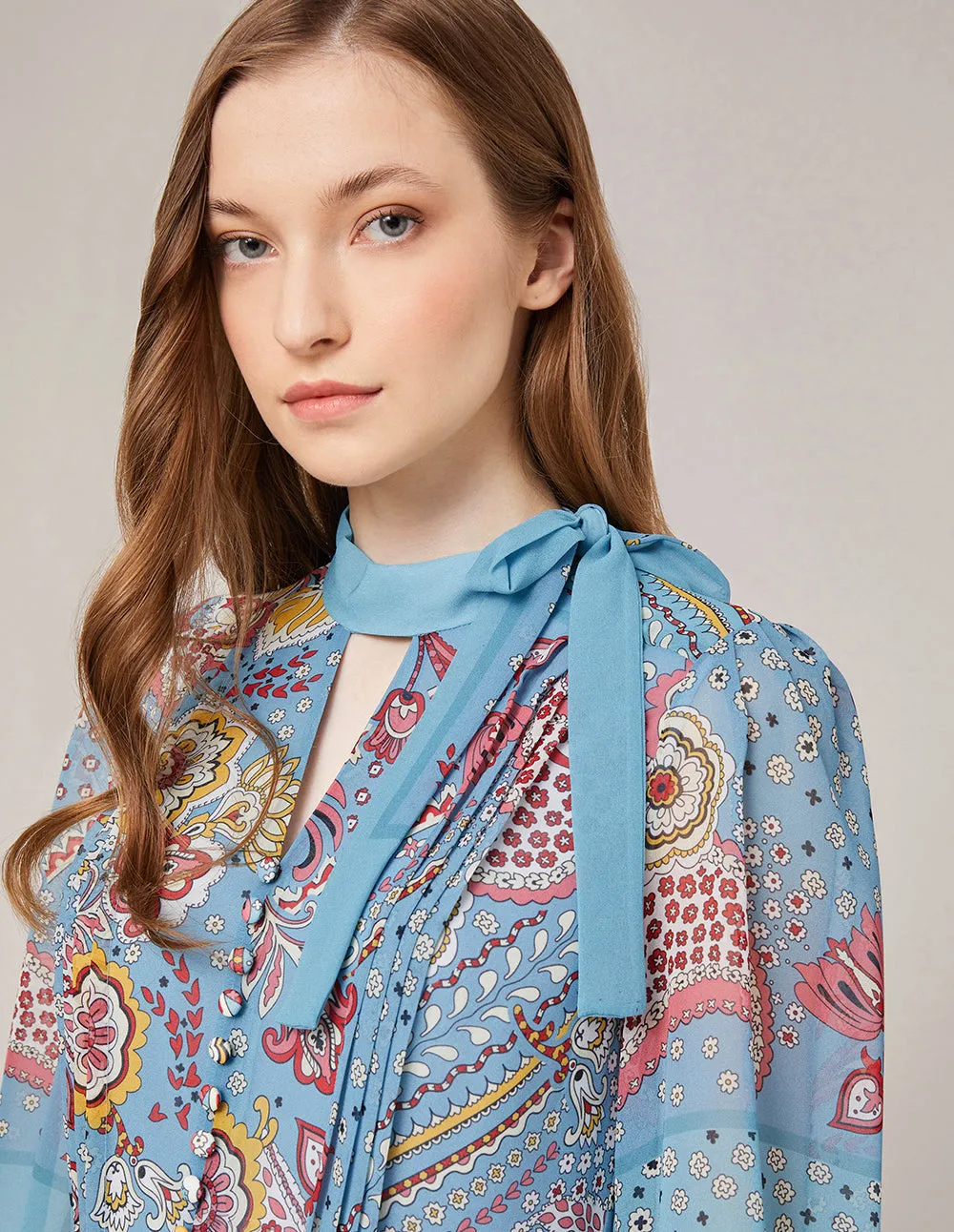 MARYLING Georgette Artistic Print V-Neck Pleated Midi Dress