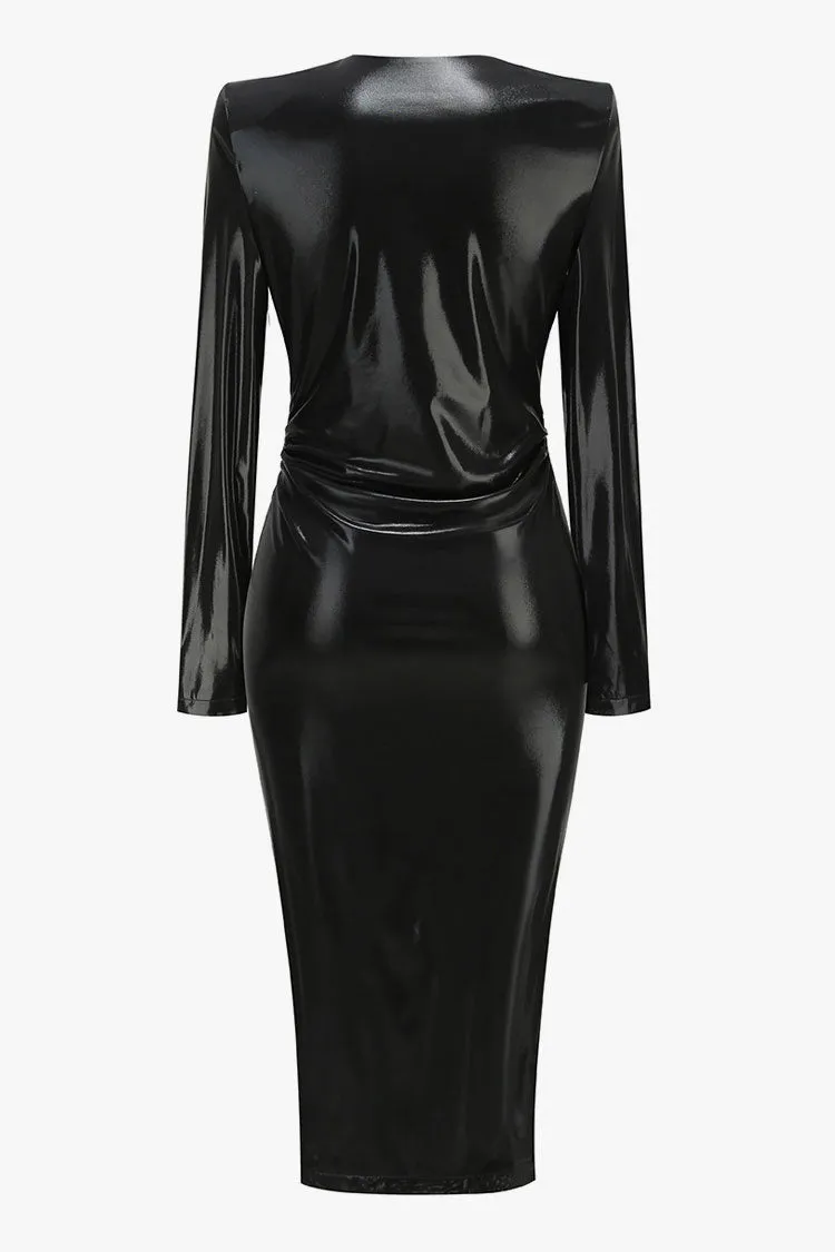 Metallic Snake Plunge Shoulder Pad Faux Leather Split Cocktail Midi Dress