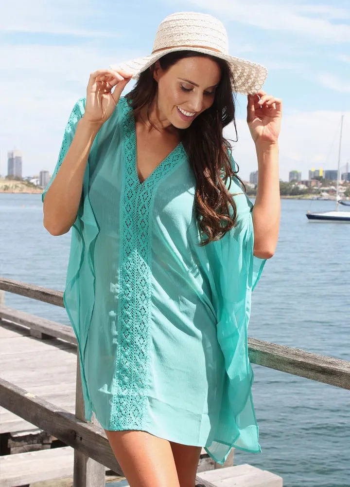 Mint Lace Trim Kaftan Dress