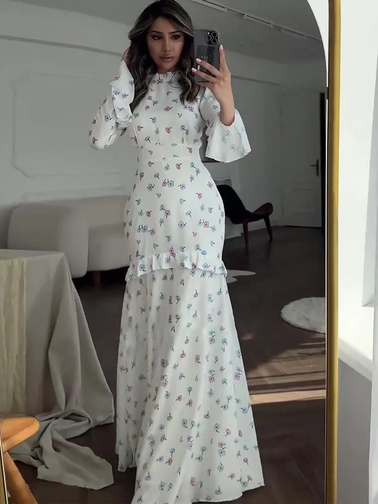 Molly Ruffle Printed Long Sleeve Long Dress